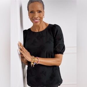 Talbots Black Butterfly Eyelet Puff-Sleeve Blouse